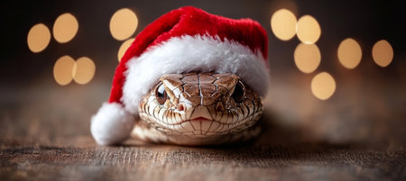 Festive Friend An Adorable Snake Dons a Santa Hat for Christmas with Warm Holiday Bokehの素材