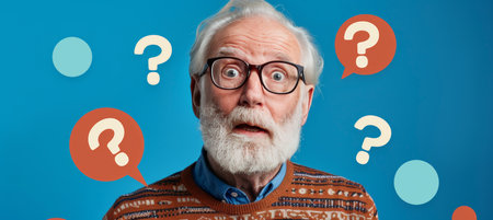 Confused Senior Man with Raised Eyebrows Surrounded by Question Marks on Blue Backgroundの素材