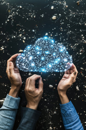 Three Hands Holding A Glowing Cloud Shape Network Against A Black Textured Backgroundの素材
