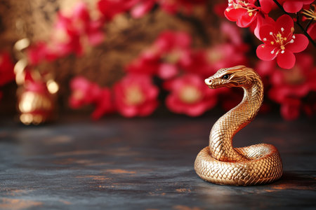 Golden Snake Figurine Against Festive Red Flowers. Chinese New Year 2025, Year of the Snake Concept.の素材