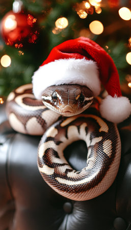Adorable Snake Wearing Santa Hat for Chinese New Year of Snake. Holiday and Festive Spirit 2025.の素材