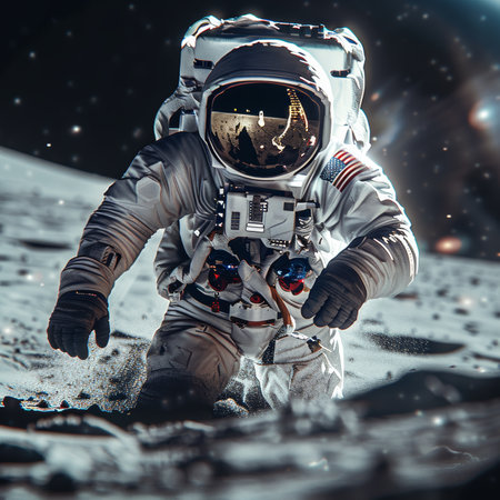Lunar Explorer Astronaut Discovers Wonders in Moon Crater, Photorealistic Space Explorationの素材