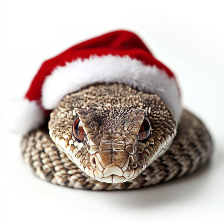 Close-up, Isolated Viper in Santa Hat on White Background for Christmas, Festive Wildlife Imageの素材