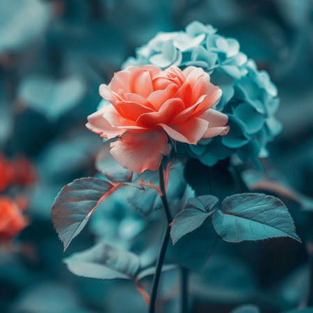 Vibrant Orange Rose Sharply Contrasted Against Delicate Blue Hydrangea Blossoms, Garden Sceneの素材