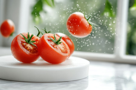 Fresh, Juicy Tomatoes in Mid-Air Above a White Display Platform, Perfect for Product Advertisingの素材