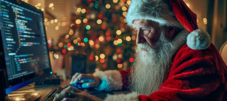 Santa Working Late Tech-Savvy Gift Planning on Christmas Eve in Front of a Twinkling Treeの素材