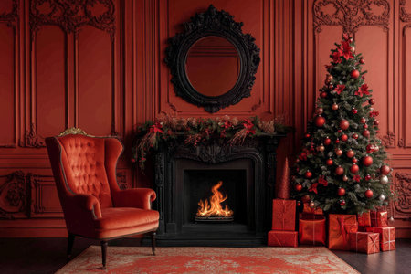 Christmas Interior. Fireplace, Christmas Tree, Gifts, Armchair, Red Wall. Classic Style Decor.の素材