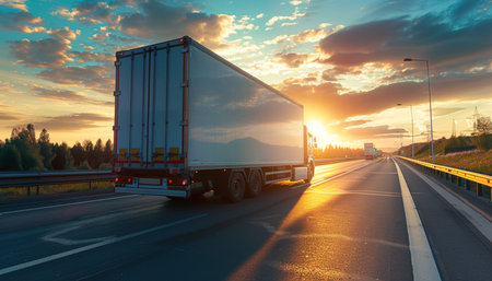 Semi-trailer Truck on Highway During Golden Hour, Logistics, Transportation, Shipping Industryの素材