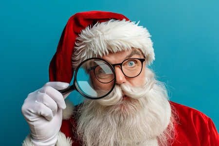 Curious Santa Investigator With Magnifying Glass And White Background, Christmas Mystery Conceptの素材