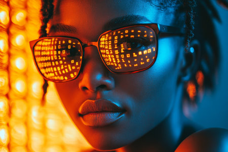 Futuristic Fashion Close-up Portrait of a Woman with Glasses Reflecting Binary Code.の素材