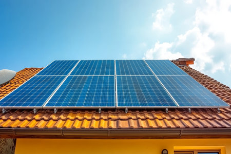 Solar Panel Array on a Clay Tile Roof., Generating Renewable Energy for a Sustainable Futureの素材