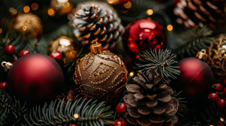 Christmas Still Life, Close-Up Composition Of Traditional Rustic Xmas Ornaments On Green Pine Branchの素材