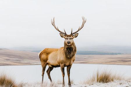 Majestic Red Deer Stag Stands Powerful, Surveying Serene Winter Landscape at Waters Edgeの素材