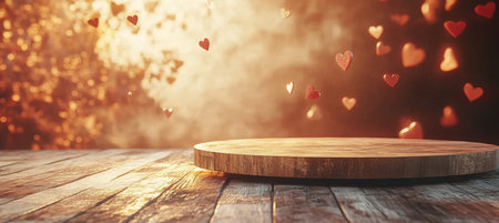 Rustic Wooden Podium On Wooden Table With Soft Bokeh Hearts Background, Ideal For Product Displayの素材