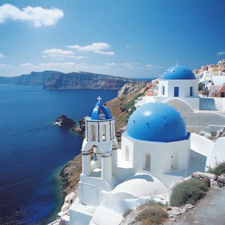 Iconic Greek Island Charm Whitewashed Church and Blue Domes Overlooking the Aegean Seaの素材