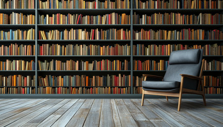 Wall-to-Wall Bookshelves Filled with Books and a Leather Armchair, Perfect for Book Loversの素材
