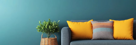 Blue Sofa with Yellow Throw Cushions Against Teal Wall in Minimalist Home. Banner with Copy Space.の素材