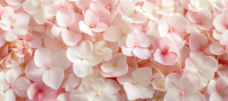Soft Petals, Pastel Dreams A Close-Up of Delicate Pink Hydrangea Blossoms in Full Bloomの素材