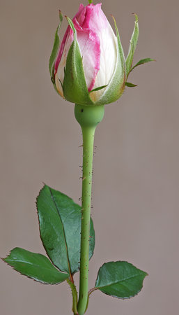 Elegant Rosebud, Detailed Close Up Soft Pink and White Petals on a Delicate Green Stem, Isolatedの素材