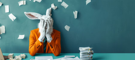 Overwhelmed Businessman Symbolized as White Rabbit with Covered Face Struggling with Paperworkの素材