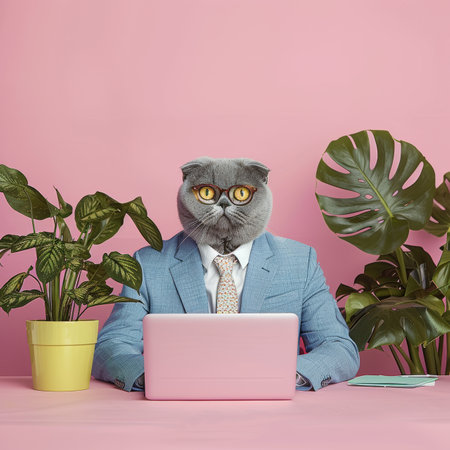 Serious Business Cat Working Remotely On Laptop, Plants Workspace, Pink Wall, Surreal Humorの素材