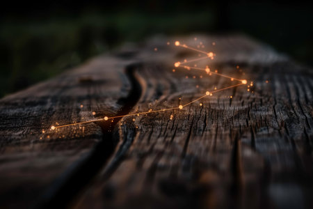 Glowing Sparks Dance Across Rustic Wood Texture, Abstract Background Of Light And Nature.の素材