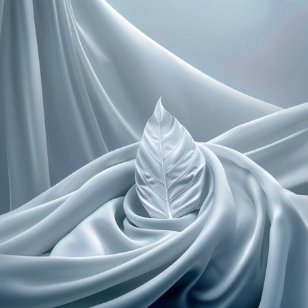 Flowing Silver Fabric with Delicate White Leaf, Concept of Elegance, Luxury, and Softnessの素材