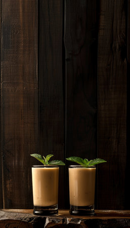 Two Refreshing Mango Lassi Drinks Garnished with Fresh Mint, Served on a Rustic Wooden Tableの素材