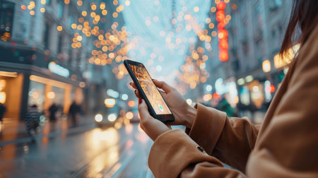 Woman Using Smartphone on Festive City Street, Bokeh Lights, Winter Holidays, Christmas, Technologyの素材