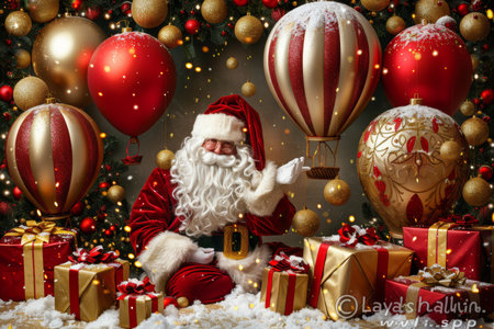 Santa Claus sitting with Christmas presents and balloons, holiday spirit, festive atmosphereの素材