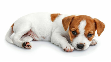 Adorable Jack Russell Terrier Puppy, With Brown Markings, Laying Down Isolated on White Backgroundの素材