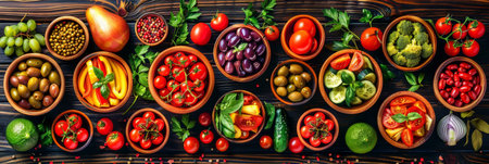 Fresh organic vegetables and fruits in bowls on wooden background. Healthy food ingredients.の素材