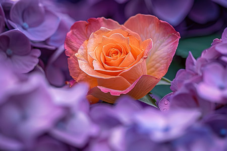 Single Salmon-Hued Rose Blossoms Amidst Vibrant Purple Hydrangeas, Striking Color Contrastの素材