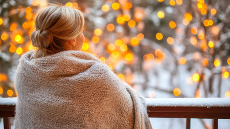 Woman Wrapped In Blanket Enjoys Winter Wonderland View, with Sparkling Christmas Lights Blurの素材