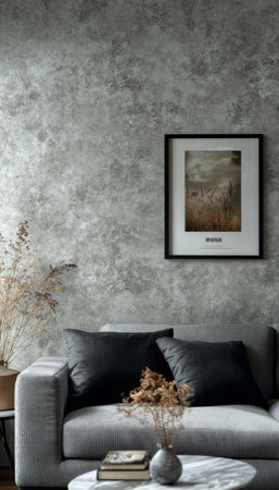 Modern Living Room Interior with Gray Sofa, Abstract Painting, and Decorative Branches, 85.の素材