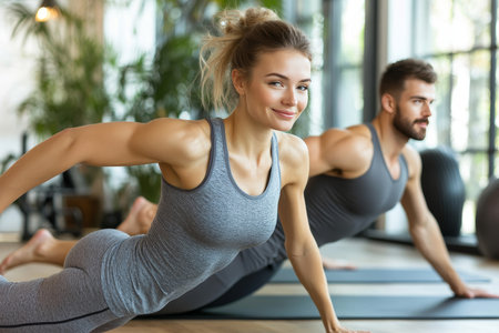 Young Athletic Couple Engaging in Side Bend Exercises on Yoga Mats in a Modern Fitness Centerの素材