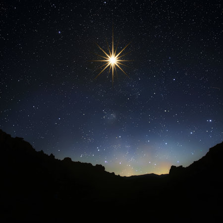 Solitary Star Illuminates Night Sky above Mountains, Creating A Sense of Wonder and Majestyの素材