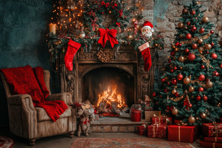 Cozy Christmas Interior with Fireplace, Decorated Tree, Gifts, and Armchair. Festive Home Decor.の素材
