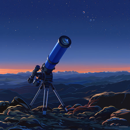Stargazing Nightscape, Atmospheric Blue Telescope Under a Starry Sky on a Mountain Top at Sunsetの素材