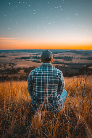 Finding Solace Man Enjoys Serene Sunset over Tranquil Landscape, Contemplating Beauty of Natureの素材