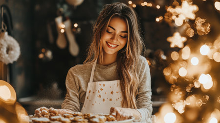 Woman Baking Christmas Cookies, Festive Kitchen, Happy Baker, Christmas Spirit, Holiday Cheerの素材