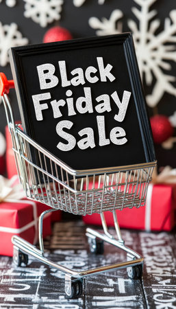 Black Friday Sale Sign in Miniature Shopping Cart, Festive Holiday Background for Retail Promotions.の素材