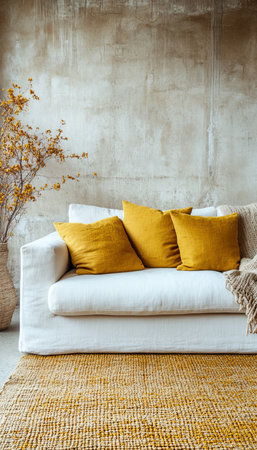 Minimalist Living Room Interior with White Sofa, Yellow Cushions, Concrete Wall, and Jute Rugの素材