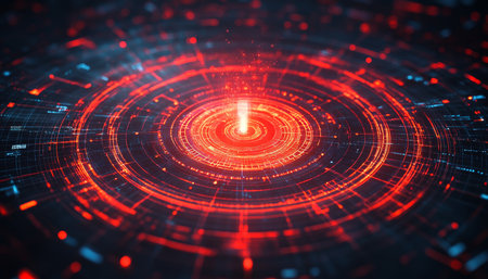 Futuristic Orange And Red Radar Screen For Technology Innovation Communication In Metaverse Concept.の素材