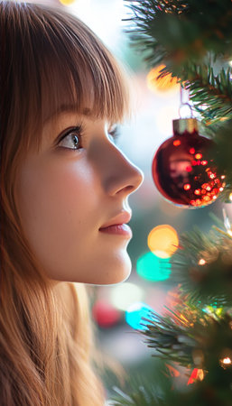 Contemplative Young Woman Gazing at Christmas Ornament by Twinkling Christmas Tree Lightsの素材