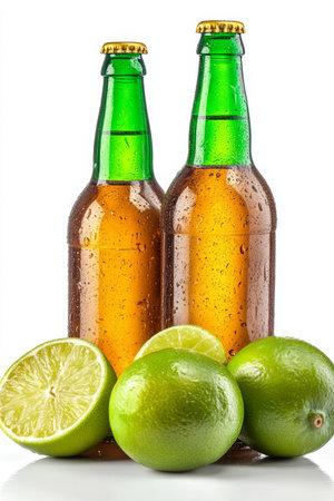 Two Green Glass Beer Bottles with Condensation, Garnished with Fresh Limes, Isolated on Whiteの素材