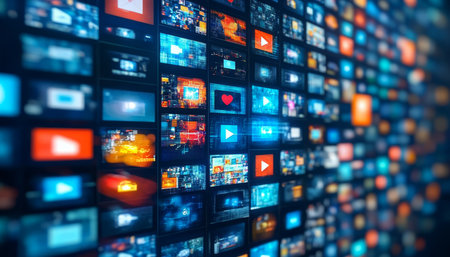 Video Wall, Social Media Content, Streaming Information, Entertainment. Digital Communication.の素材