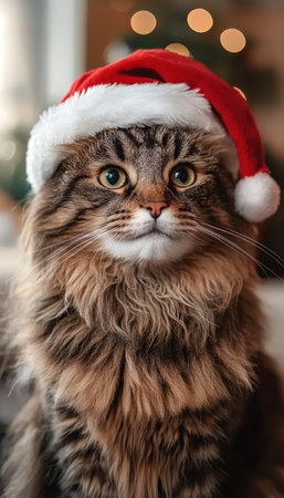 Festive Feline Adorable Cat in Santa Hat on Magical Bokeh Background, Christmas Pet Photographyの素材