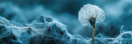 Delicate Dried Flower With Intricate Seed Details On Deep Teal Blurred Web Covered Backgroundの素材