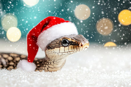 New Year of The Snake. Adorable Snake in Santa Hat for Christmas on Snowy Festive Background.の素材